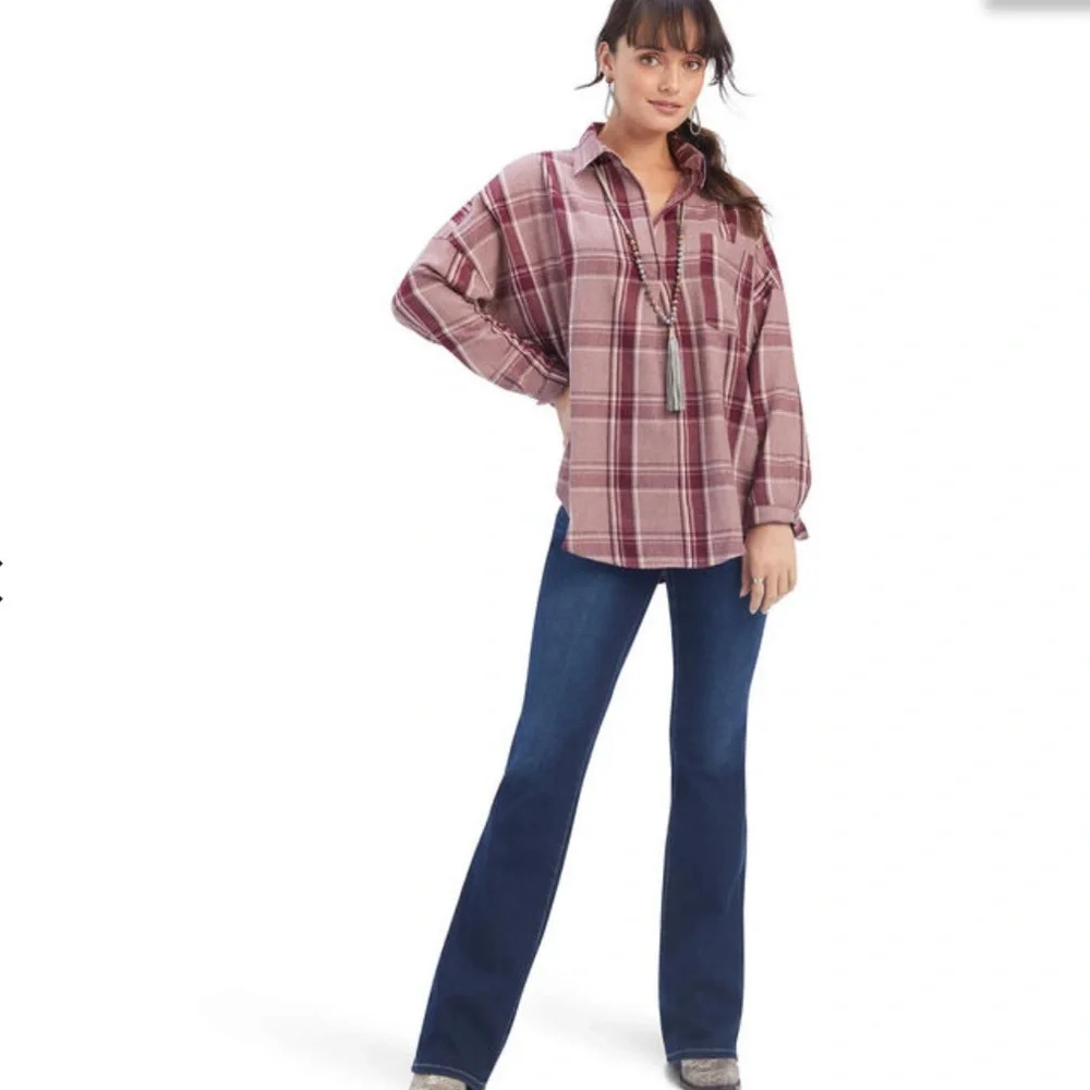 Western ariat plaid flannel wild west long sleeve tunic top sz medium